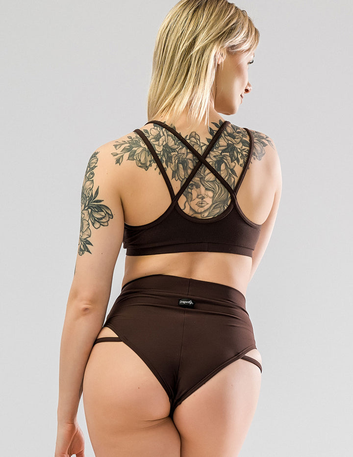 Pole Shorts with Side Straps - Anna in brown, showcasing a striking silhouette and comfortable fit for dancers.