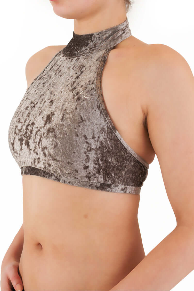 Velvet halter top Lisette | Sametová sportovní podprsenka za krk | Color: purple velvet | Women's sports bra | Dragonfly Pole Dance Clothes and Bikram Hot Yoga Outfit