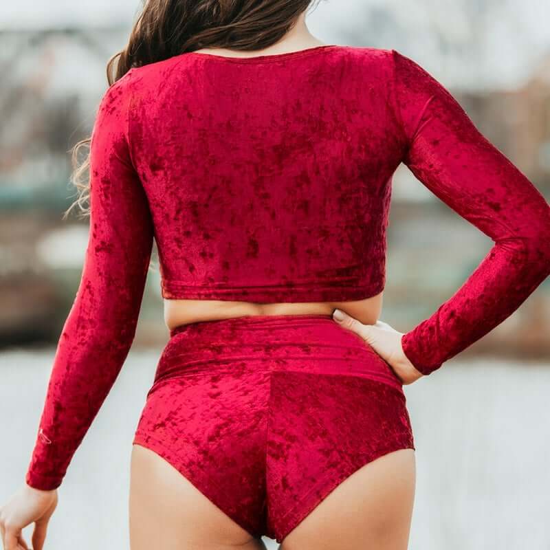 Velvet sports crop top | Crop Top | Color: red velvet | Gymnastics crop top | Long Sleeve | Dragonfly Clothing and Yoga Wear