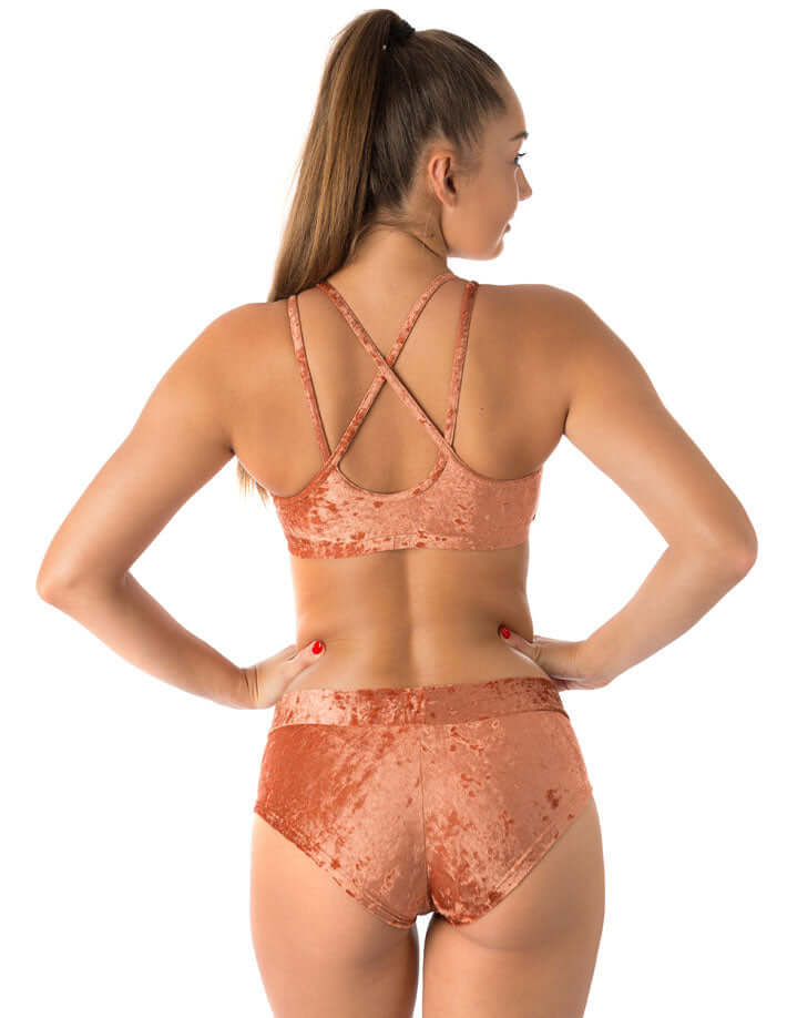 Velvet sports bra Nicole | Sports bra | Color: bronze velvet | Women's sports bra | Dragonfly Pole Dance Clothes and Bikram Hot Yoga Outfit