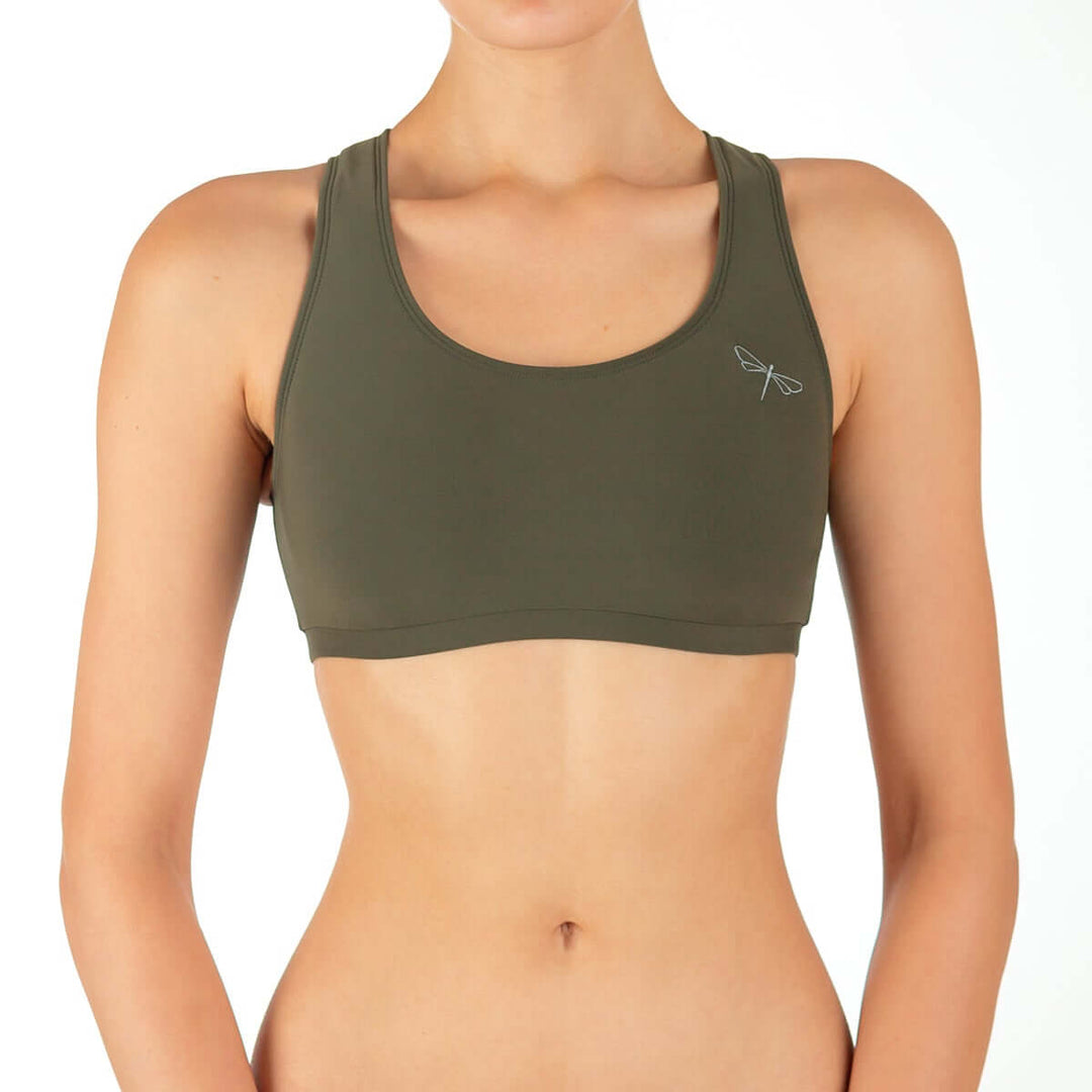Racerback sports bra Kiley | Sports bra | Color: khaki | Women's sports bra | Dragonfly Pole Dance Clothes and Bikram Hot Yoga Outfit